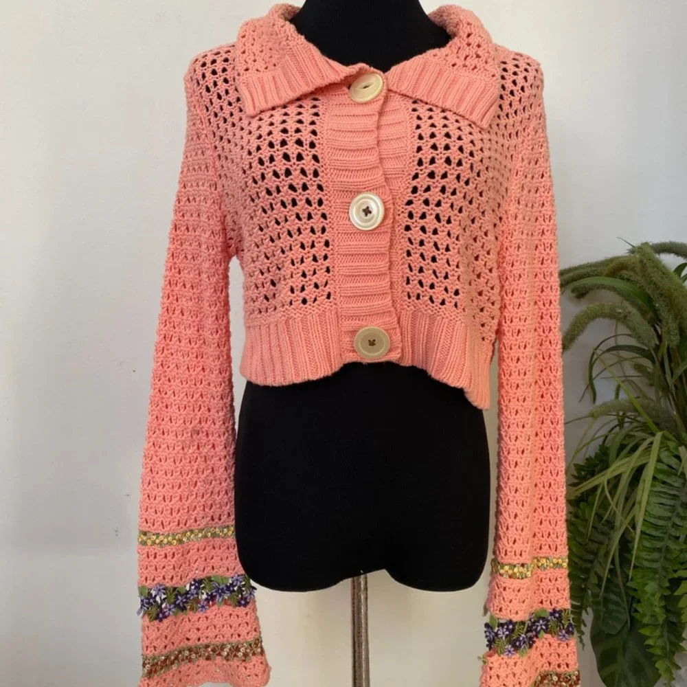 Free People Knit Embroidery Peach Floral Boho Button Short Sweater Top Size L